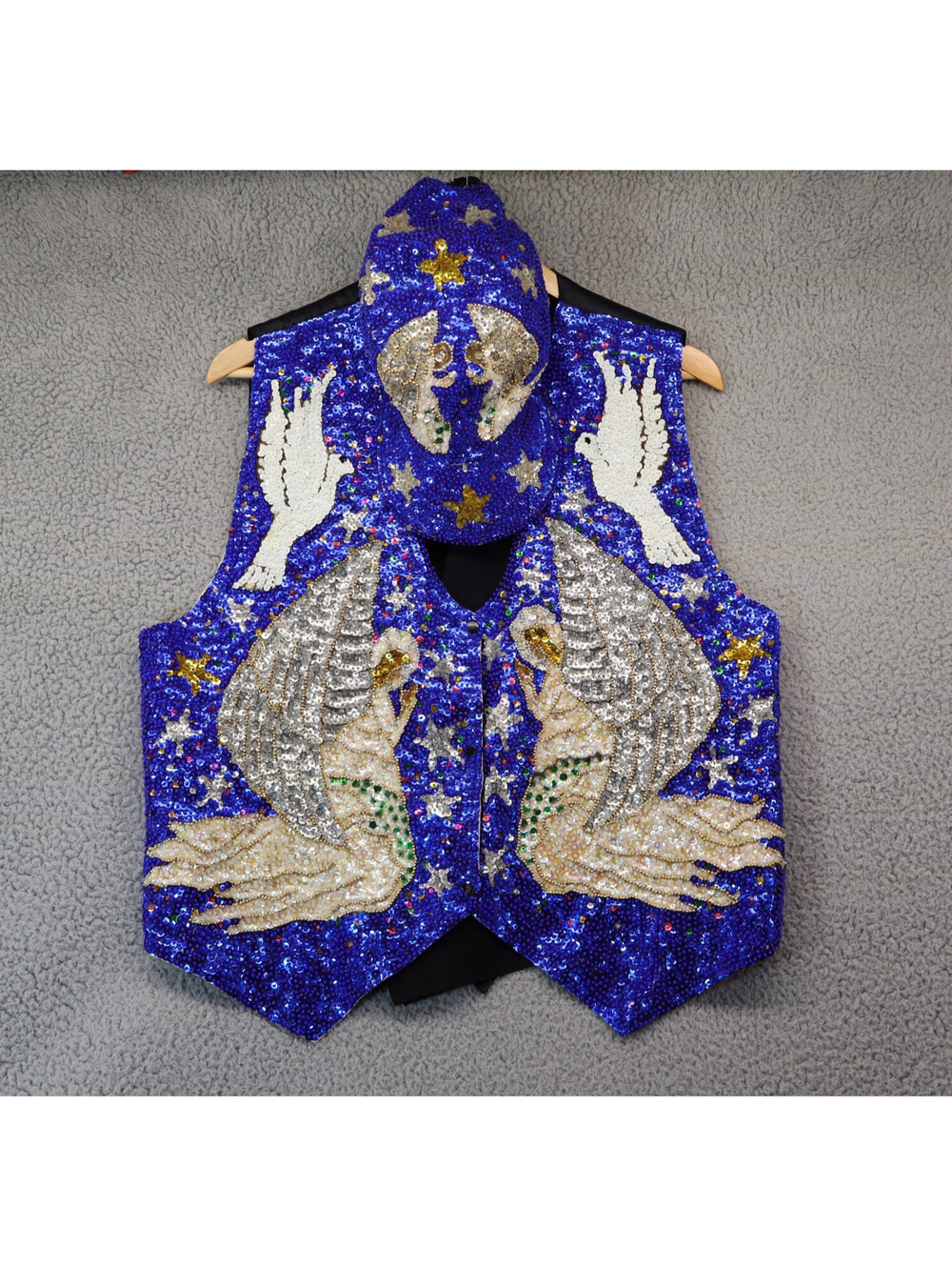 Christmas Angels Doves Sequined Beaded Hat + Vest XL Vtg 90s
